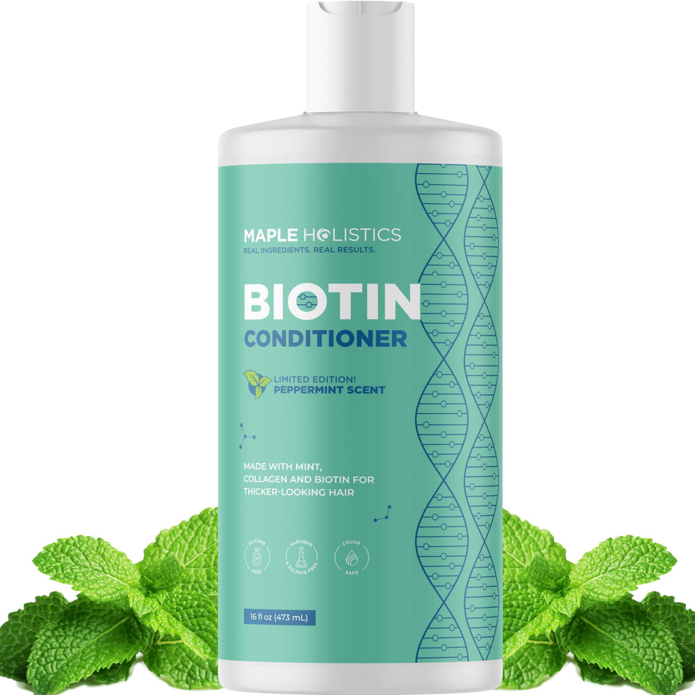 Maple Holistics Acondicionador Biotina, botella, mejora volumen cabello fino.
