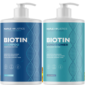 Maple Holistics champú romero biotina, botella visible, volumen para cabello.