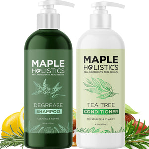 Maple Holistics shampoo Aceite Árbol de Té en botella para limpieza suave y fresca.