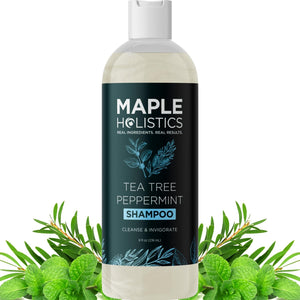 Maple Holistics Champú Romero Árbol de Té Menta: botella que sugiere limpieza suave para cuero cabelludo seco.