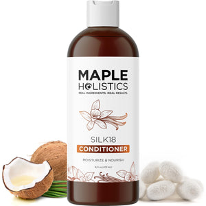 Acondicionador Silk18 de Maple Holistics en botella, hidratación profunda para cabello dañado.