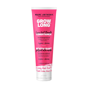Marc Anthony Grow Long, botella vertida, para cabello suave y brillante.