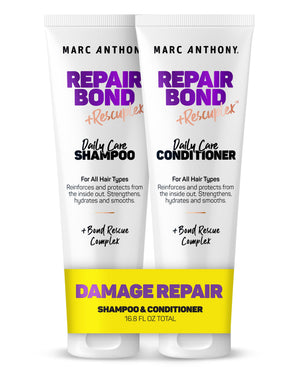 Marc Anthony Repair Bond champú frente: fortalece la fibra capilar y reduce frizz.