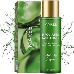 Tónico exfoliante MAREE: botella derramando para exfoliación suave.