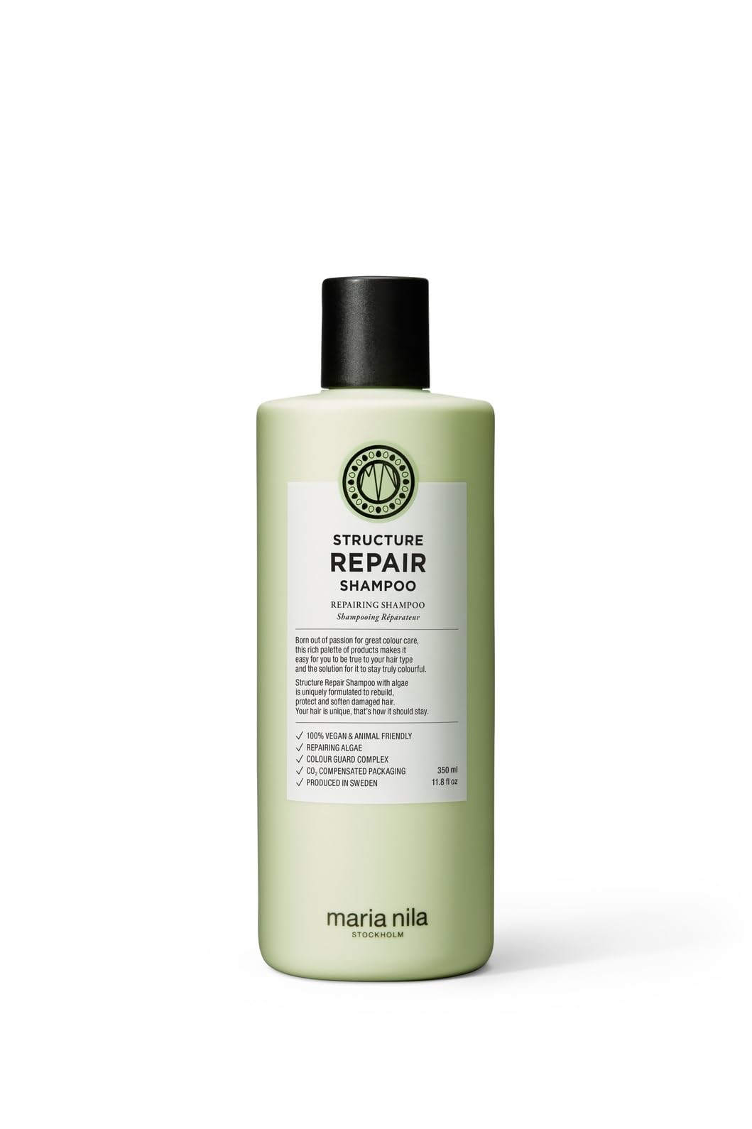 Botella de Maria Nila Champú con estructura reparadora para cabello dañado.