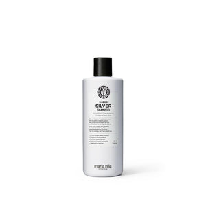 Maria Nila Sheer Silver champú, frente de la botella, para tonos fríos y neutralizar dorados.