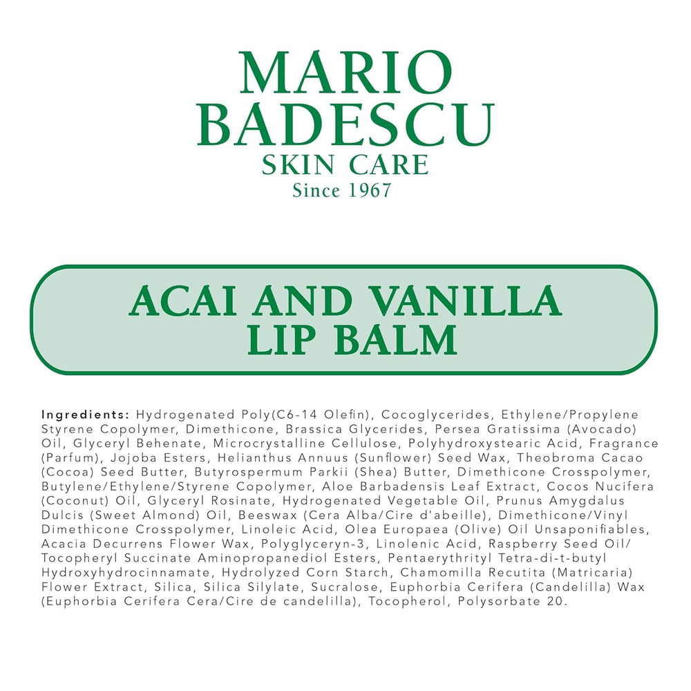 Uso nocturno con Mario Badescu Acai y Vanilla para labios hidratados.