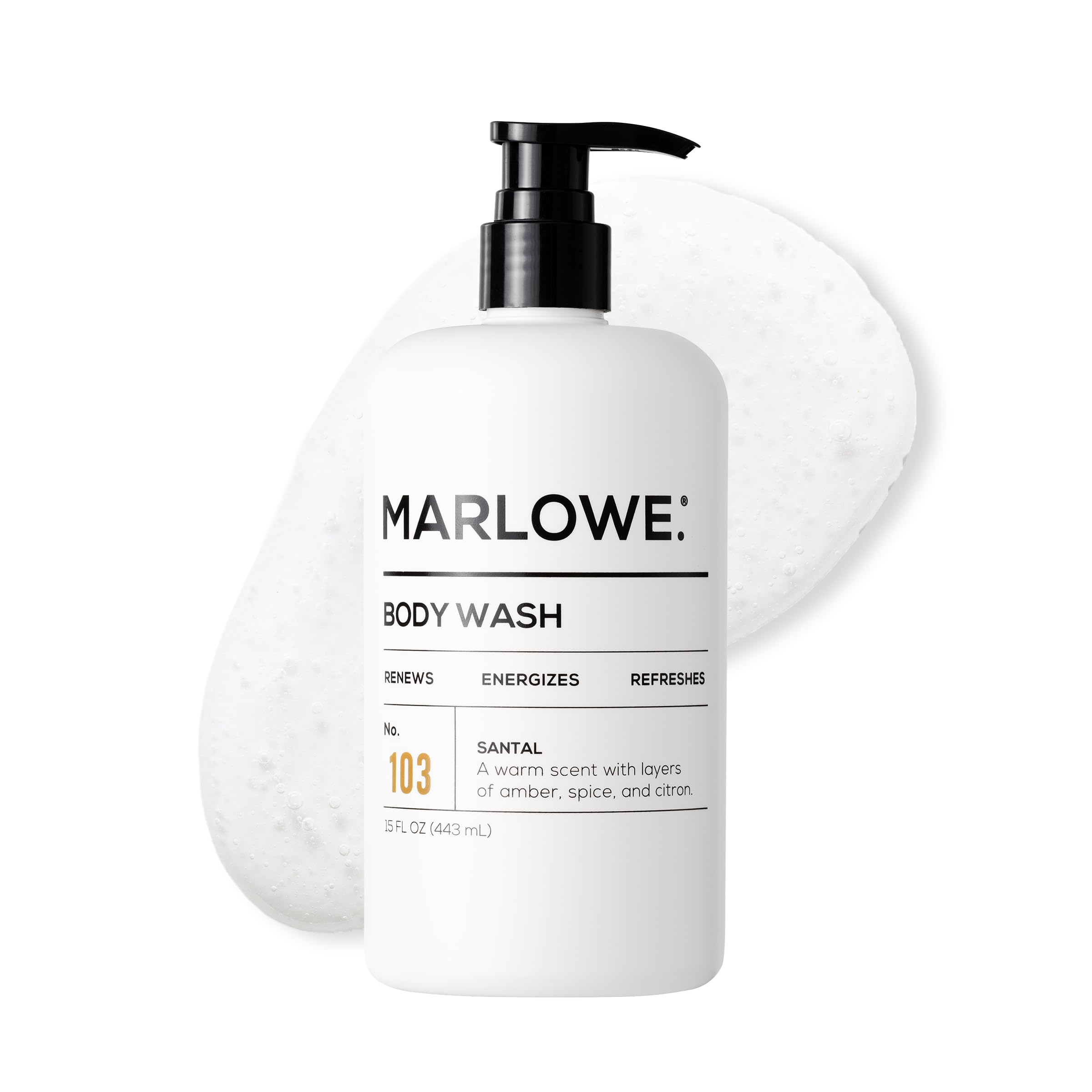 MARLOWE No.103 bano corporal, frente de la botella, aroma santal revitalizante.
