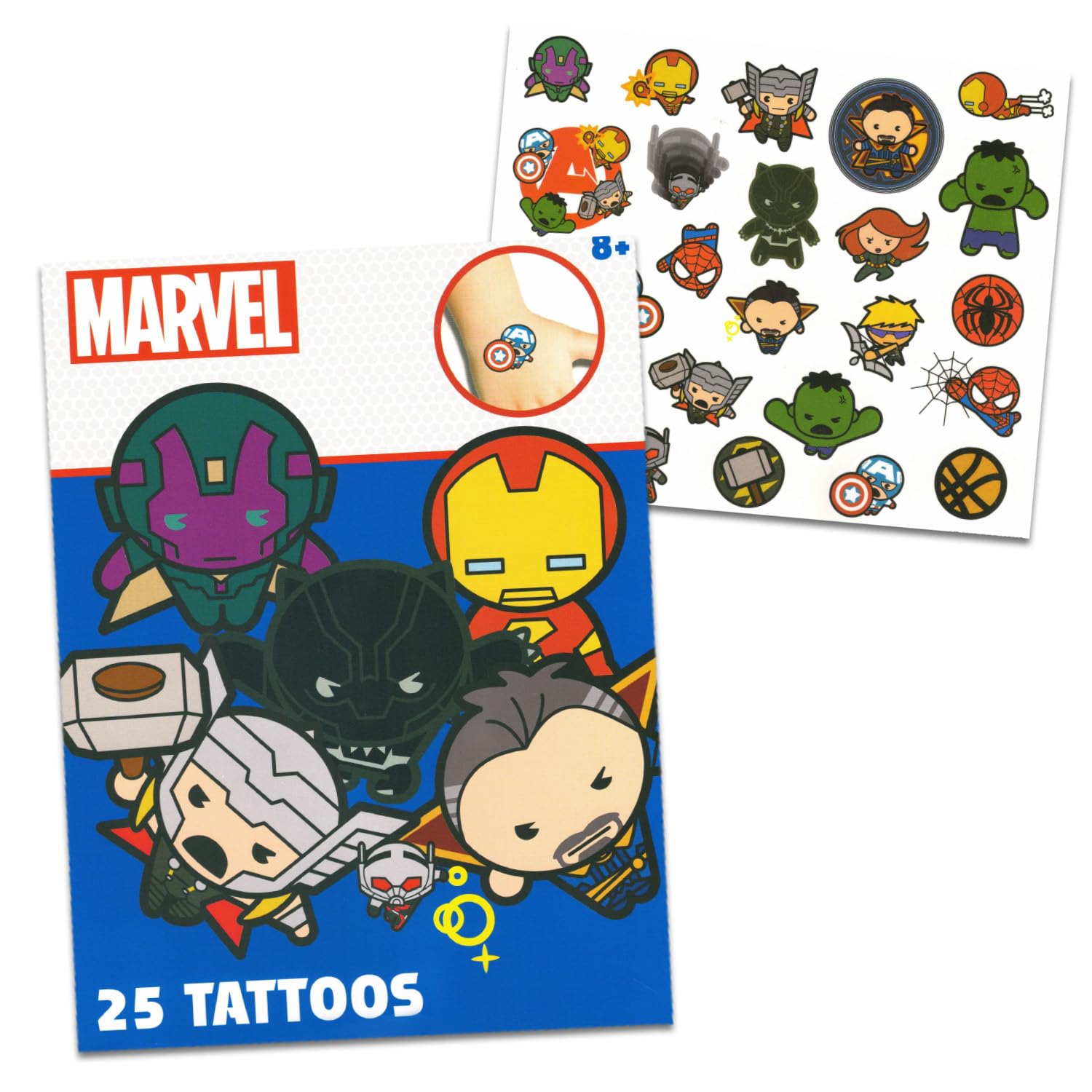 Tatuajes Marvel Ultimate seguros y no tóxicos para edades 8+.