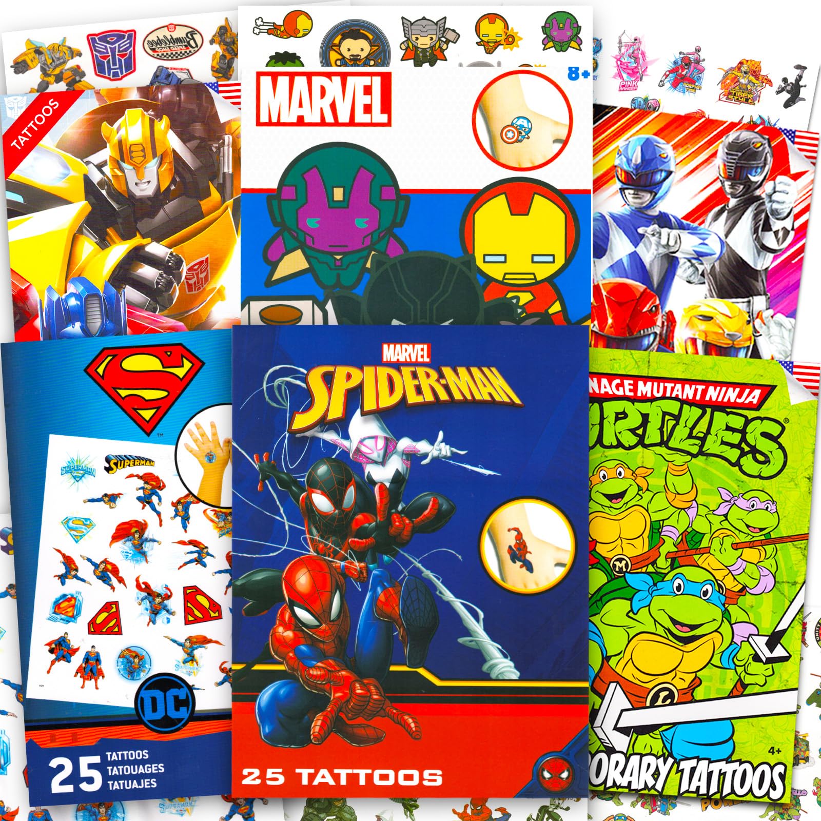 Vista general del set Marvel Ultimate Tatuajes, ideal para fiestas temáticas.