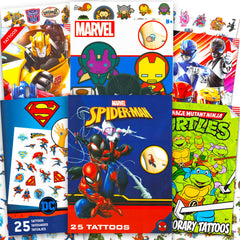 Vista general del set Marvel Ultimate Tatuajes, ideal para fiestas temáticas.
