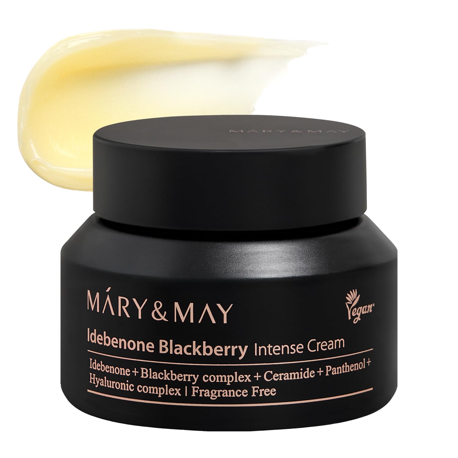 Mary&May Idebenone Blackberry Cream, textura dorada que se funde para piel suave y luminosa.