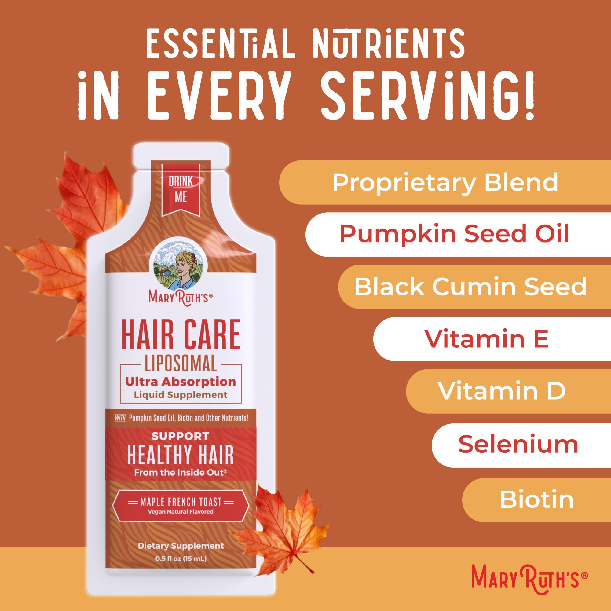 MARYRUTH'S Hair Care Liposomal etiqueta enfoca absorción liposomal y claridad de uso.