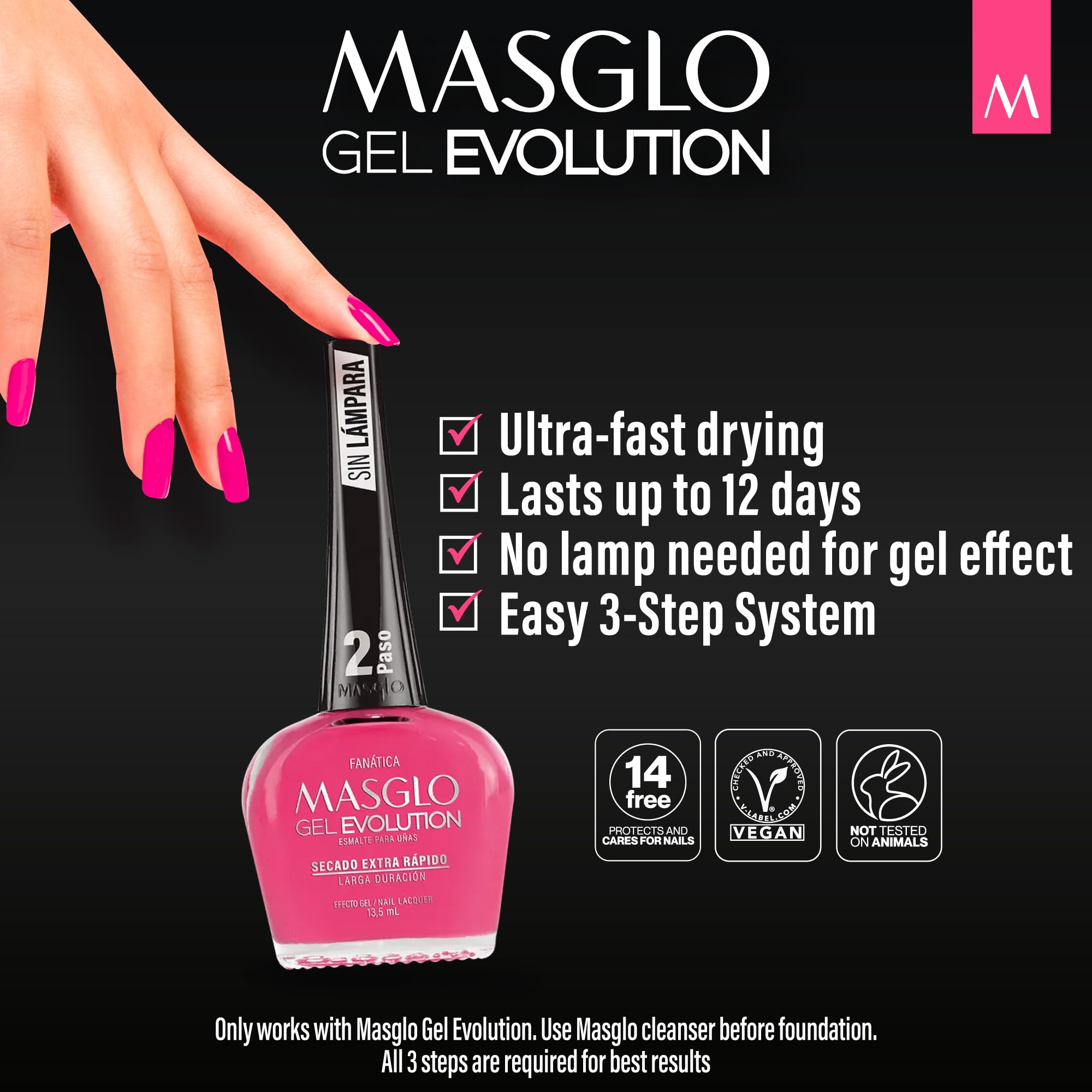 Masglo Gel Evolution: botella de esmalte, formato práctico y vegano.