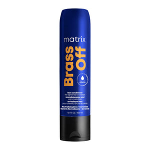 Matrix Brass Off Azul Conditioner en botella, lista para neutralizar tonos naranjas.