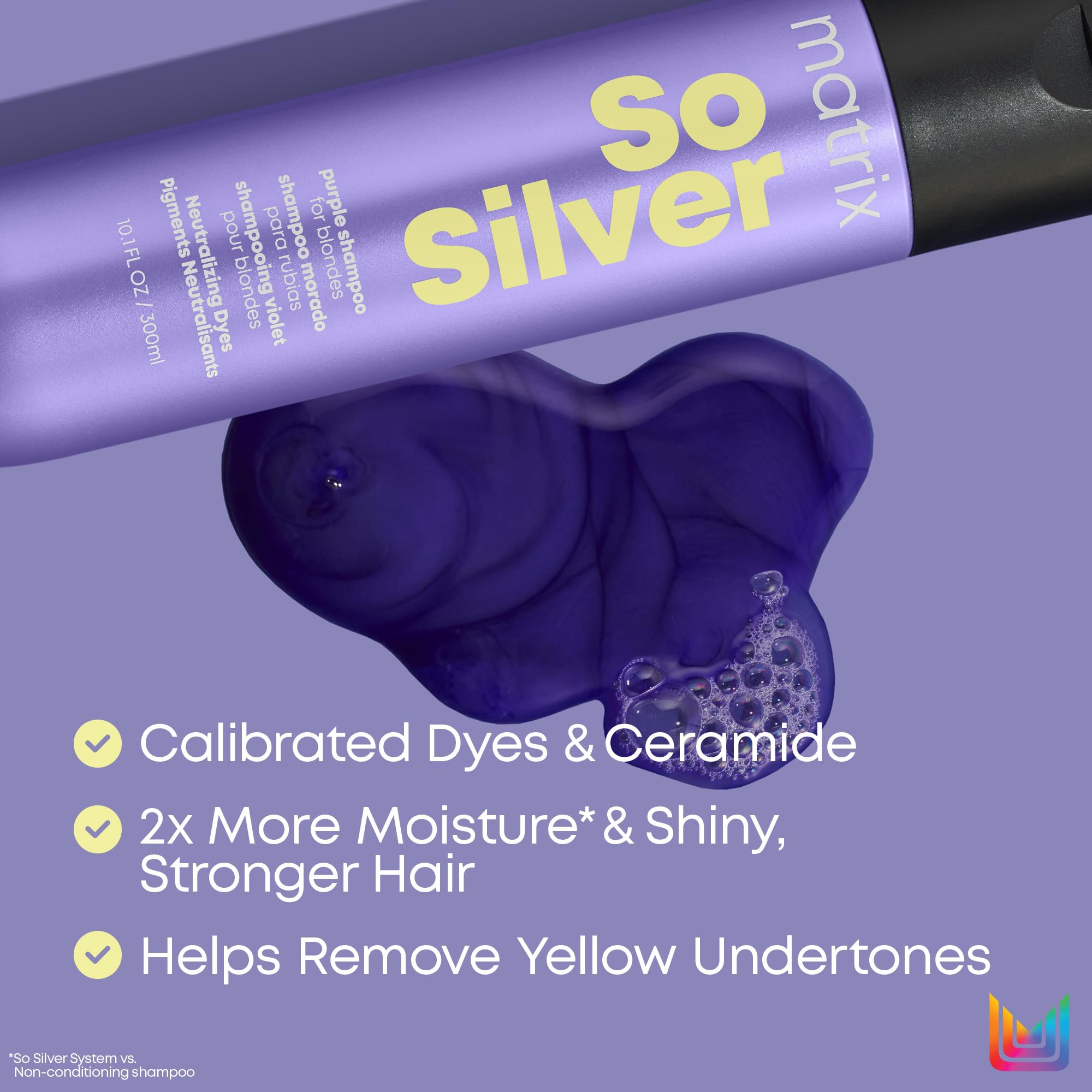 Matrix So Silver Champú aporta brillo y nutrición al cabello tratado con color.