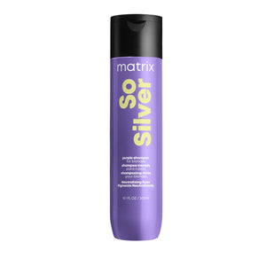 Matrix So Silver Champú purpura, tono frío para neutralizar amarillos.