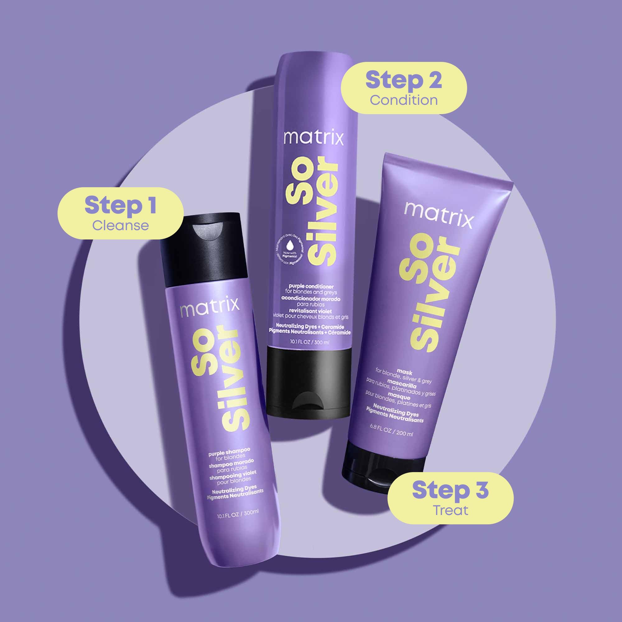 Neutraliza tonos amarillentos con Matrix So Silver Champú en cada lavado.