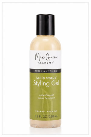 Max Green Alchemy Gel de Rescate, botella visible para control suave del encrespamiento.