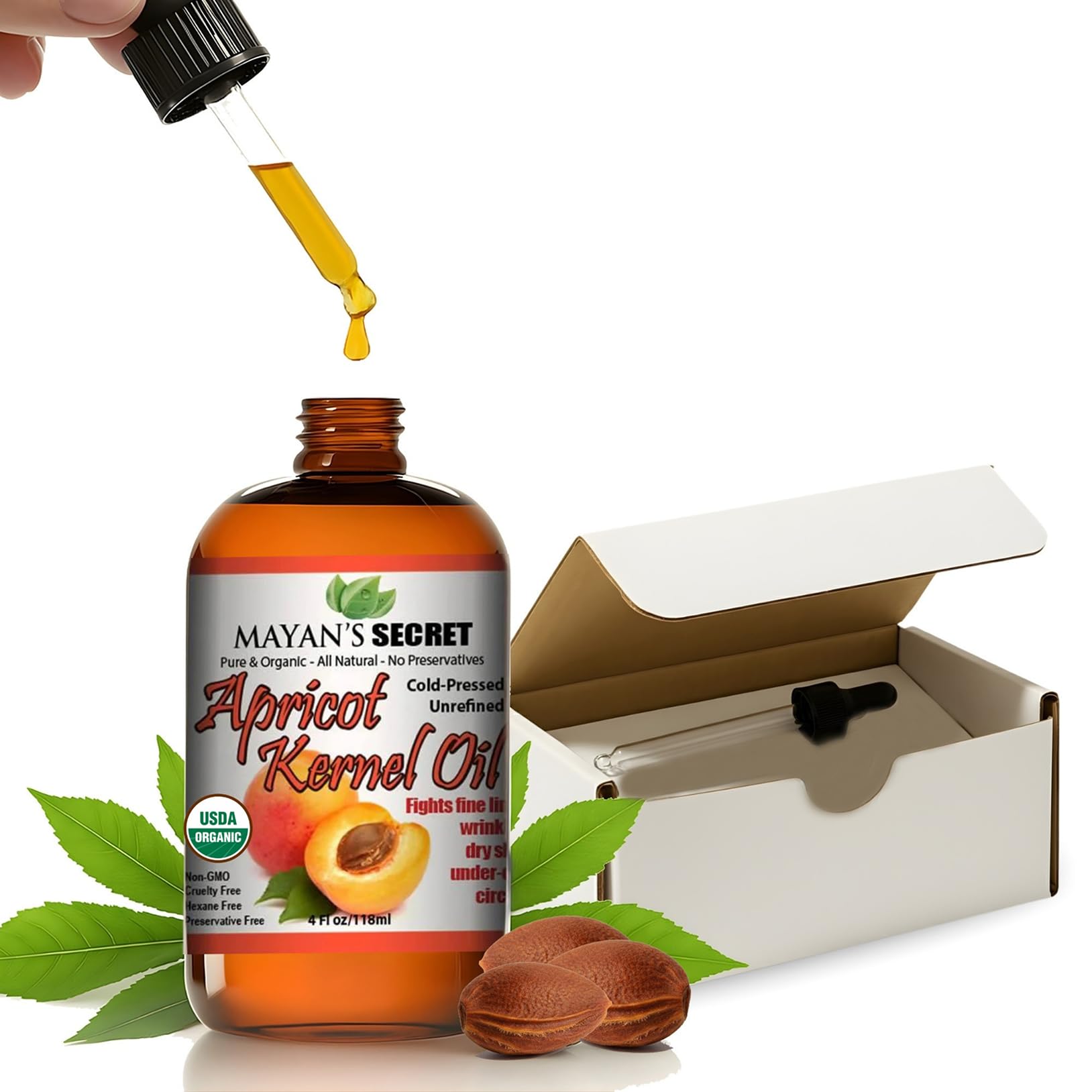 Mayan’s Secret Aceite de albaricoque, frasco ámbar con gotero para hidratación diaria.