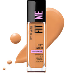 Maybelline Fit Me Dewy + Smooth 330 Caramelo, envase visible, hidratación natural para piel radiante.