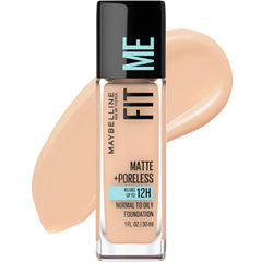 Base Maybelline Fit Me Matte + Poreless, bote y aplicación suave para piel normal a grasa.