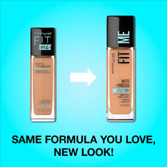 Envase de Maybelline Fit Me Matte + Poreless mostrando tono Rich Tan para piel grasa