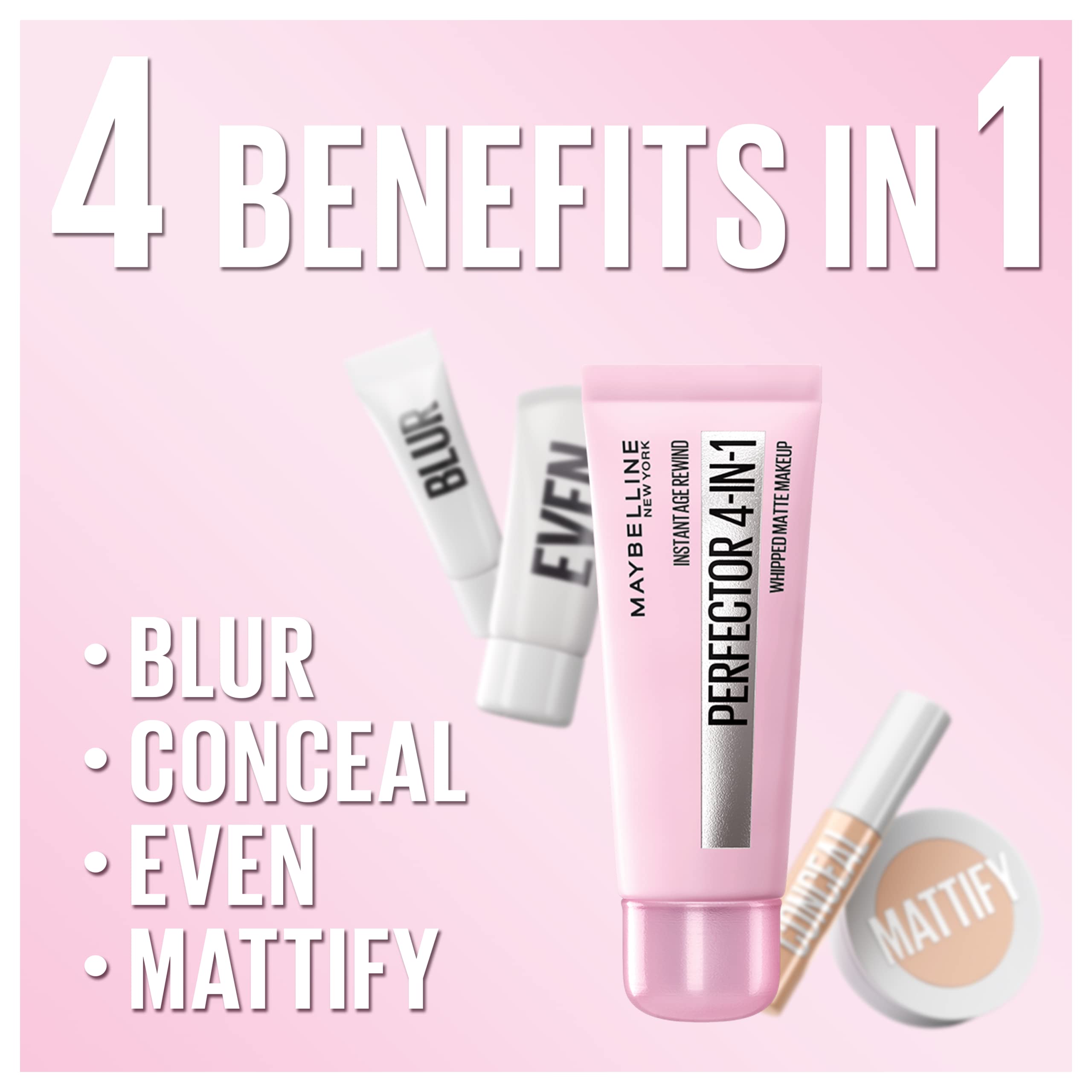 Maybelline Instant Age Rewind 4en1 Mate, textura ligera para aplicación fácil.