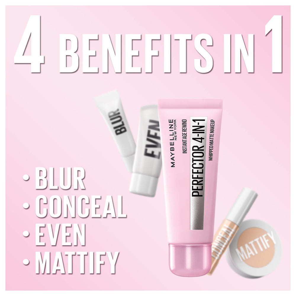Maybelline Instant Age Rewind 4en1 Mate, textura ligera para aplicación fácil.