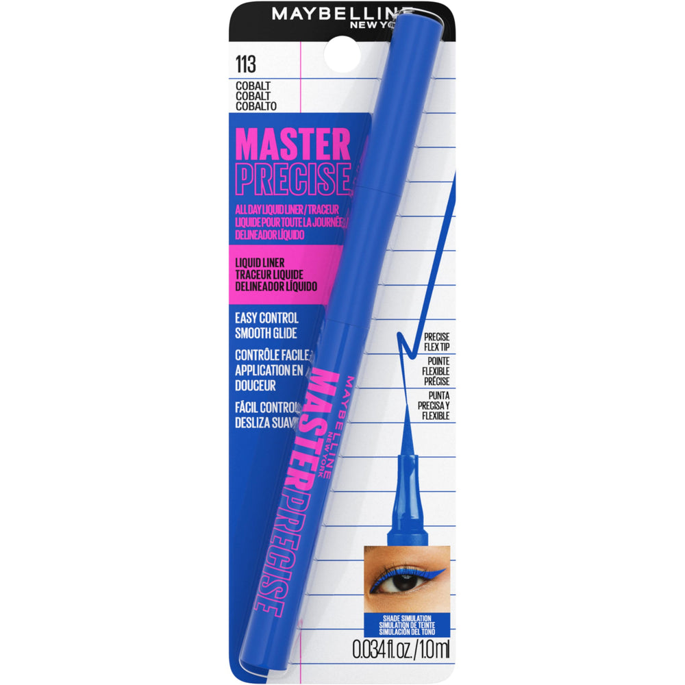 Maybelline Master Precise delineador líquido tono cobalto azul para mirada impactante y definición.