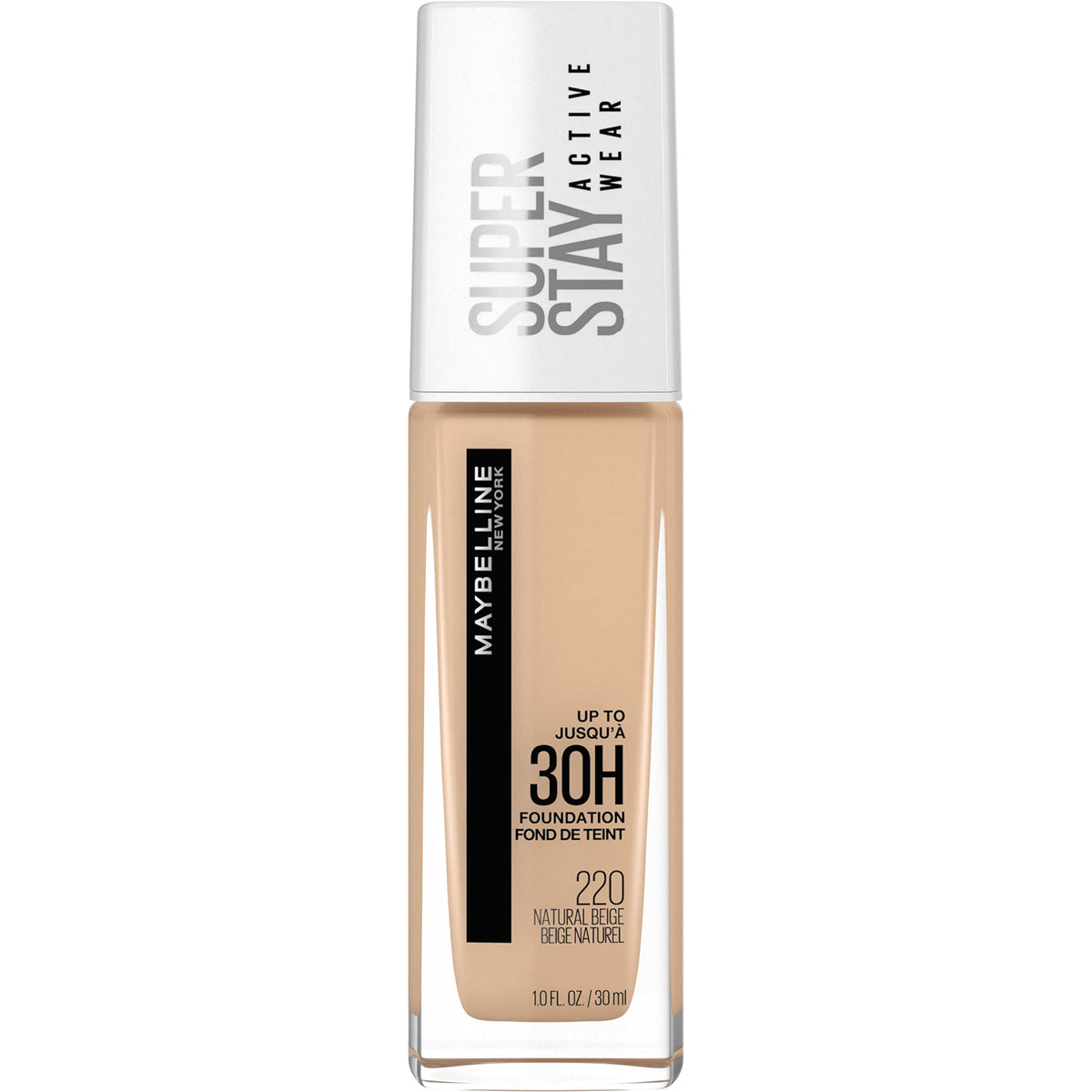 Maybelline Super Stay fundación bote: cobertura uniforme y duradera.