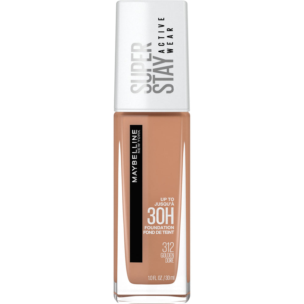 Maybelline Super Stay fundación, envase visible, cobertura total para tono dorado
