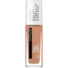 Maybelline Super Stay fundación, envase visible, cobertura total para tono dorado