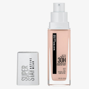 Maybelline Super Stay fundación de cobertura total con acabado mate, ideal para uso activo.