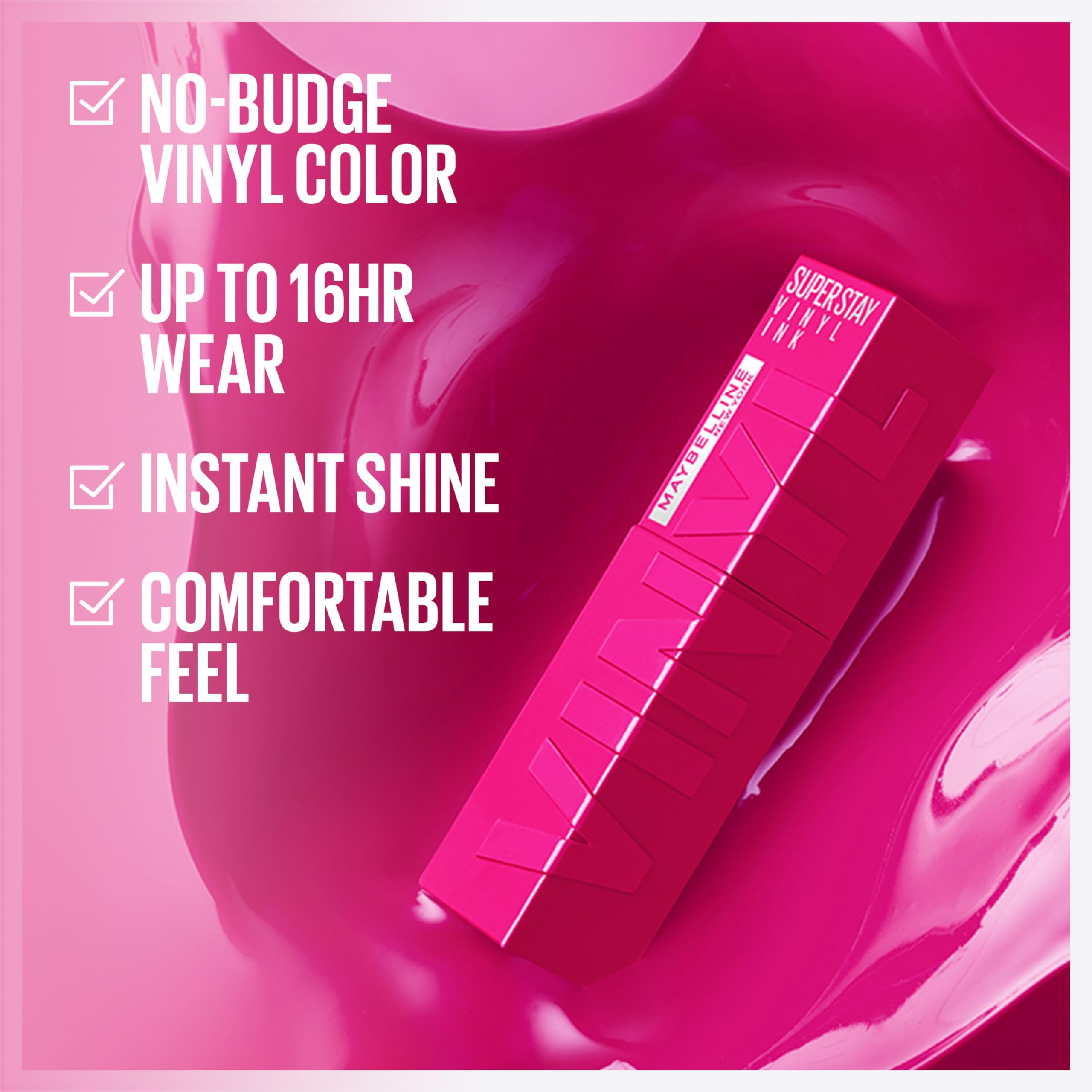 MAYBELLINE Super Stay Vinyl Ink, brillo instantáneo para labios vibrantes desde la primera pasada.