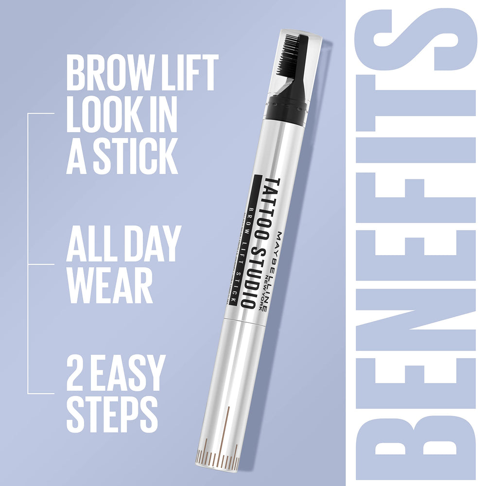 Maybelline TattooStudio Brow Lift Stick, resistencia a desvanecerse y manchas para uso diario.
