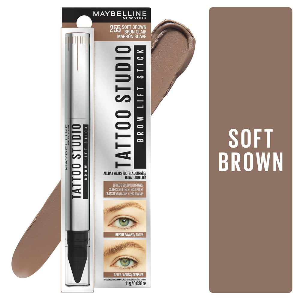 Maybelline TattooStudio Brow Lift Stick, definición y color ligero para cejas perfiladas todo el día.