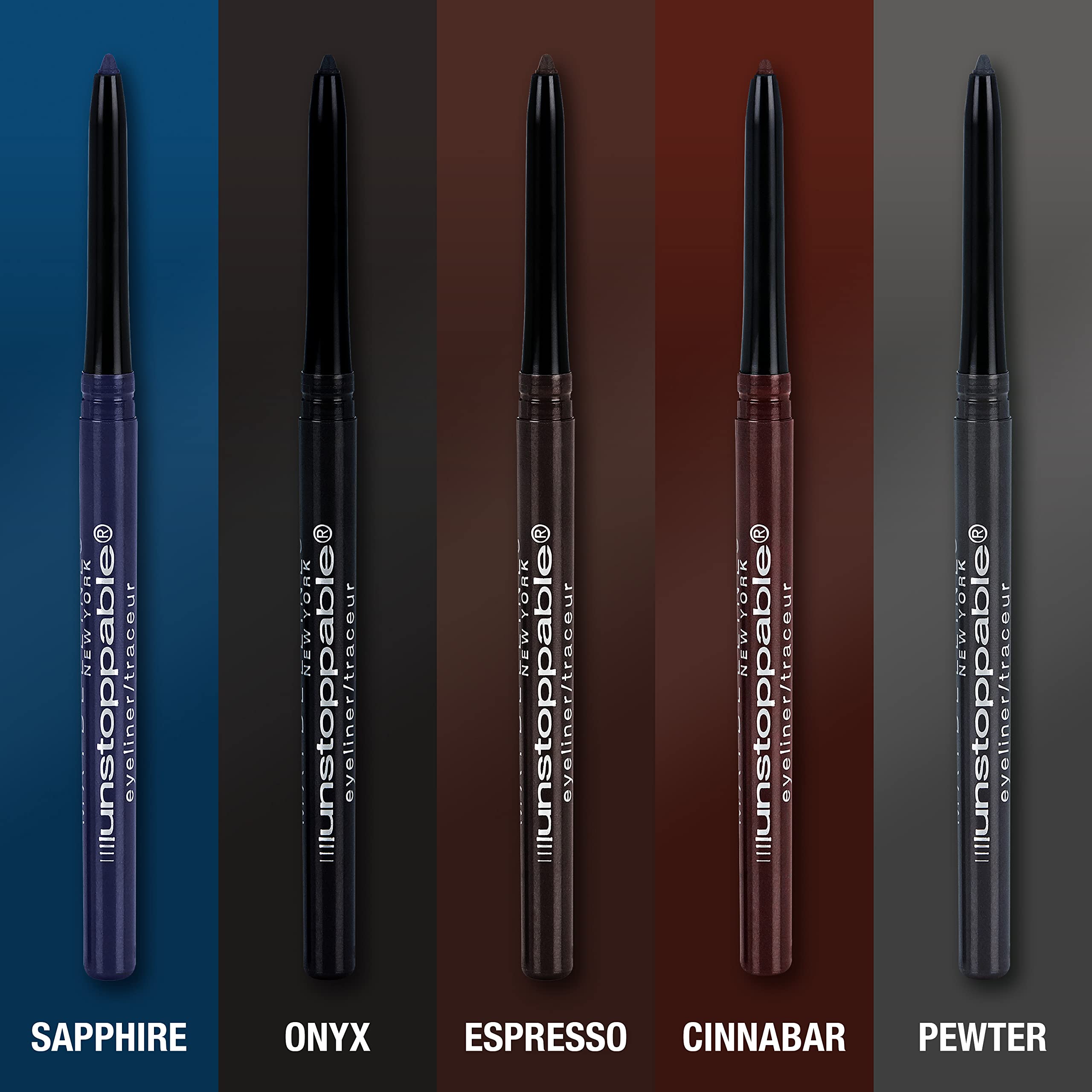 Delineador Maybelline Unstoppable azul Sapphire impermeable para uso prolongado.