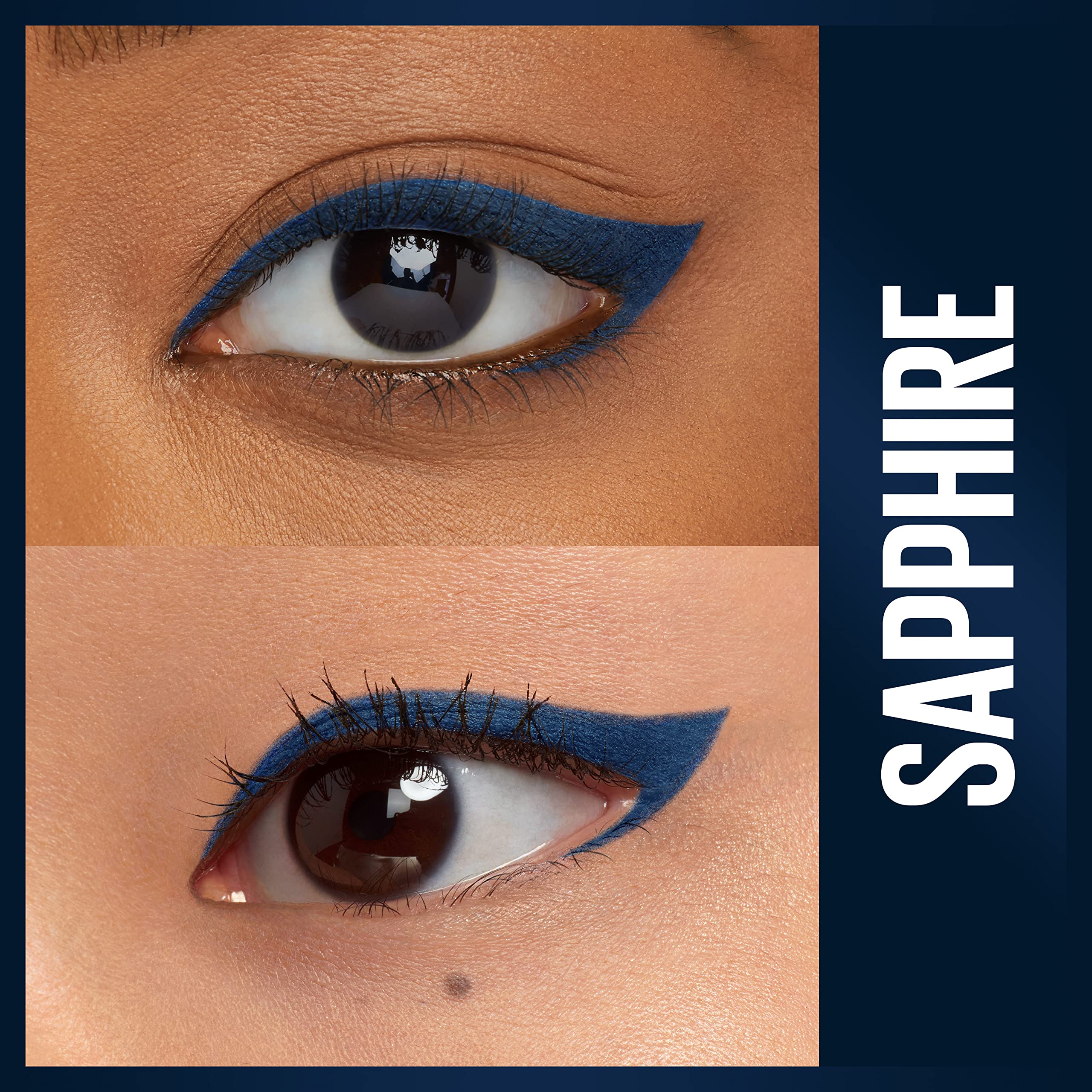 Delineador azul Sapphire de Maybelline Unstoppable con trazo suave para looks diversos.