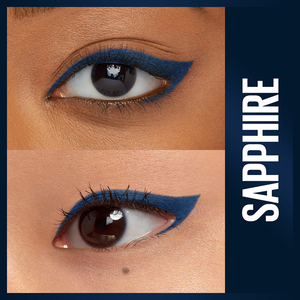 Delineador azul Sapphire de Maybelline Unstoppable con trazo suave para looks diversos.