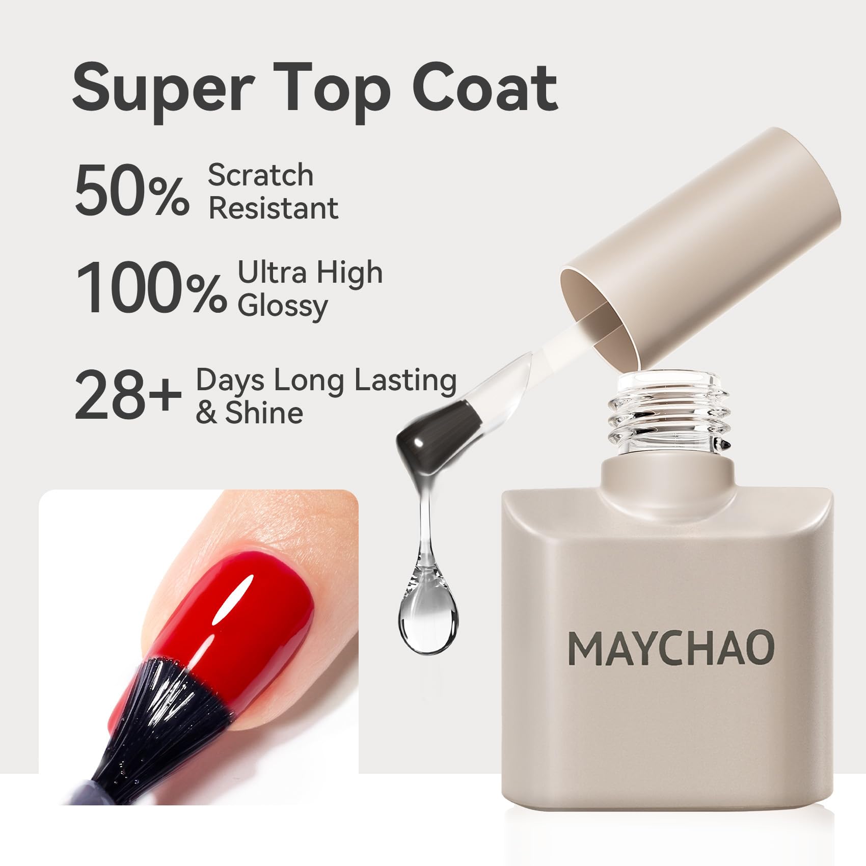 MAYCHAO curado bajo luz UV ofrece acabado brillante prolongado.