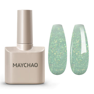 MAYCHAO esmalte gel verde claro con brillo, acabado suave y duradero para uñas.