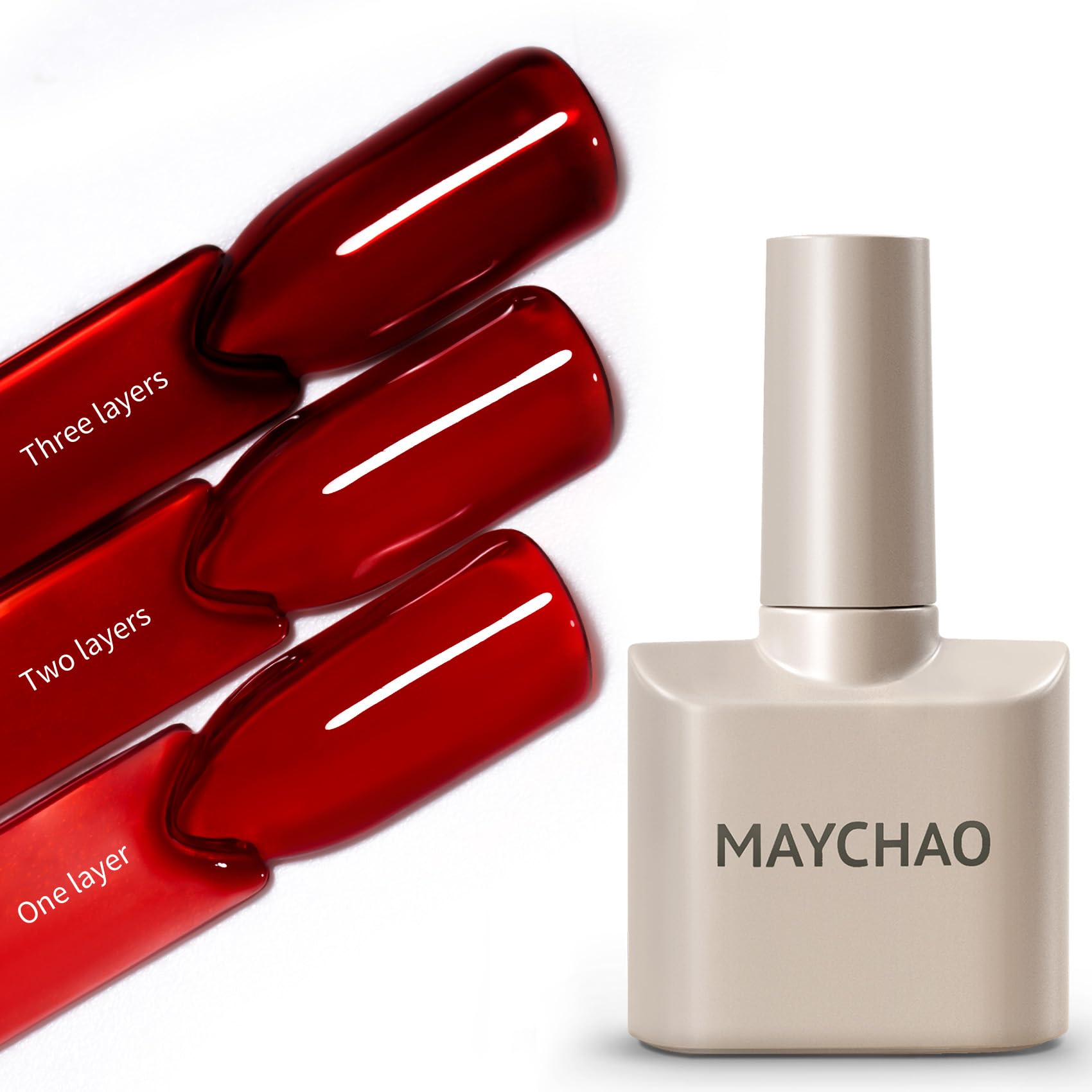 MAYCHAO Jelly Burgundy botella muestra tono intenso para uñas brillantes.