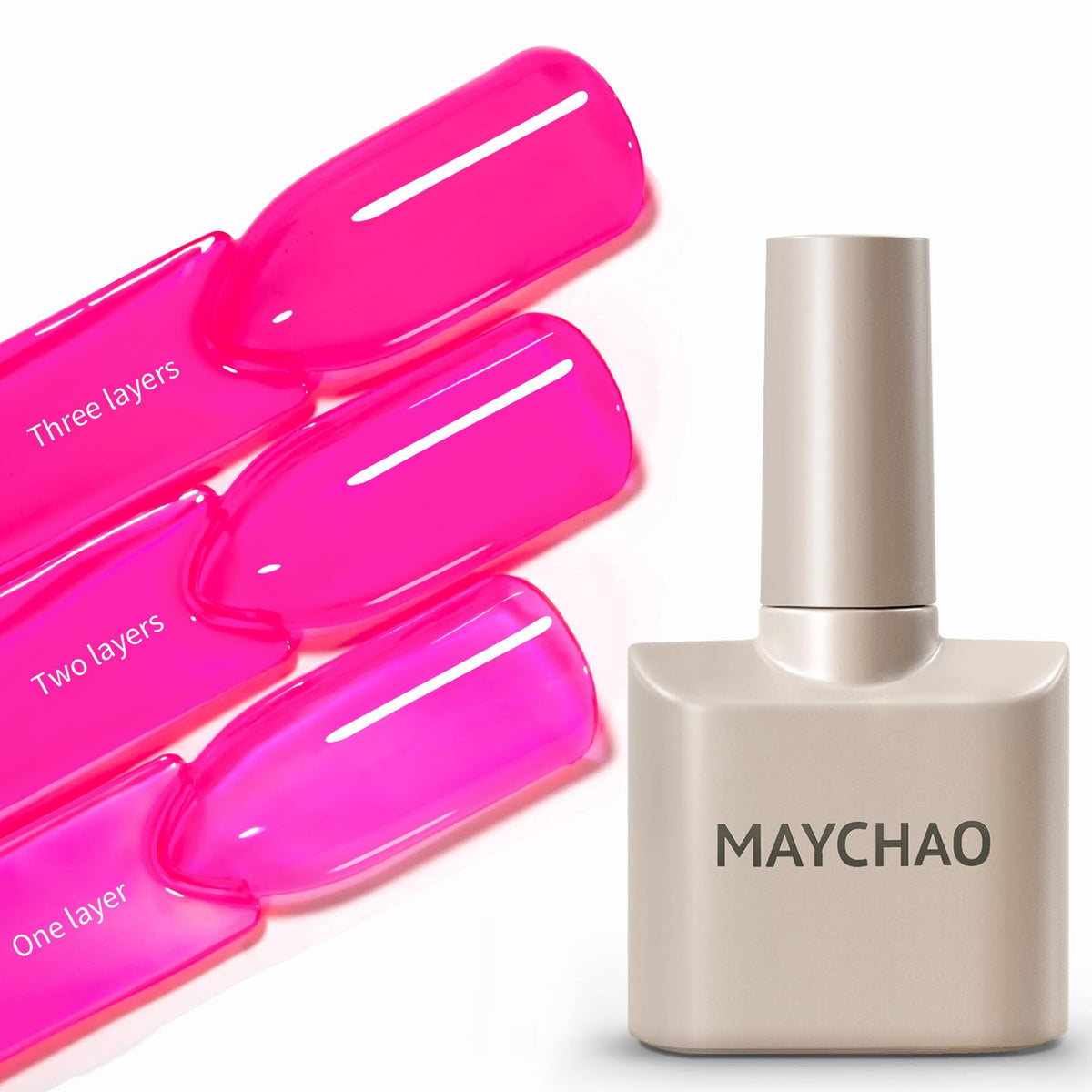 MAYCHAO esmalte jelly rosa traslúcido en botella para acabado natural y brillante.