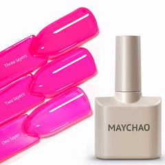MAYCHAO esmalte jelly rosa traslúcido en botella para acabado natural y brillante.