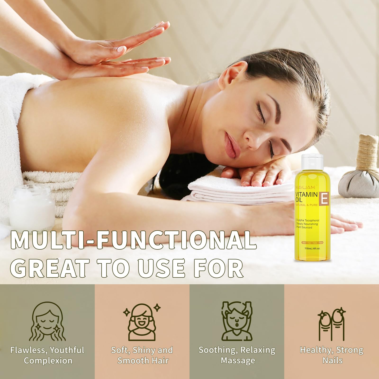 MAYJAM Aceite Vitamina E para masajes corporales y cuidado de la piel.