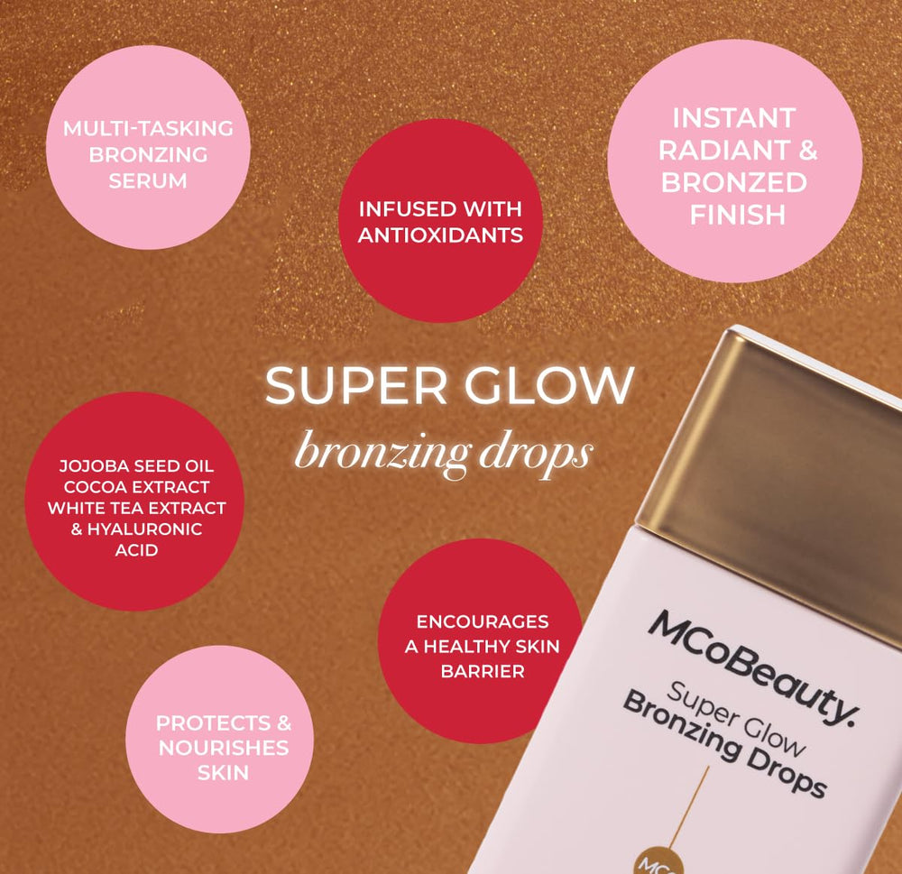 MCoBeauty Super Glow Bronzing Drops: textura ligera que se funde con la piel para un brillo suave.