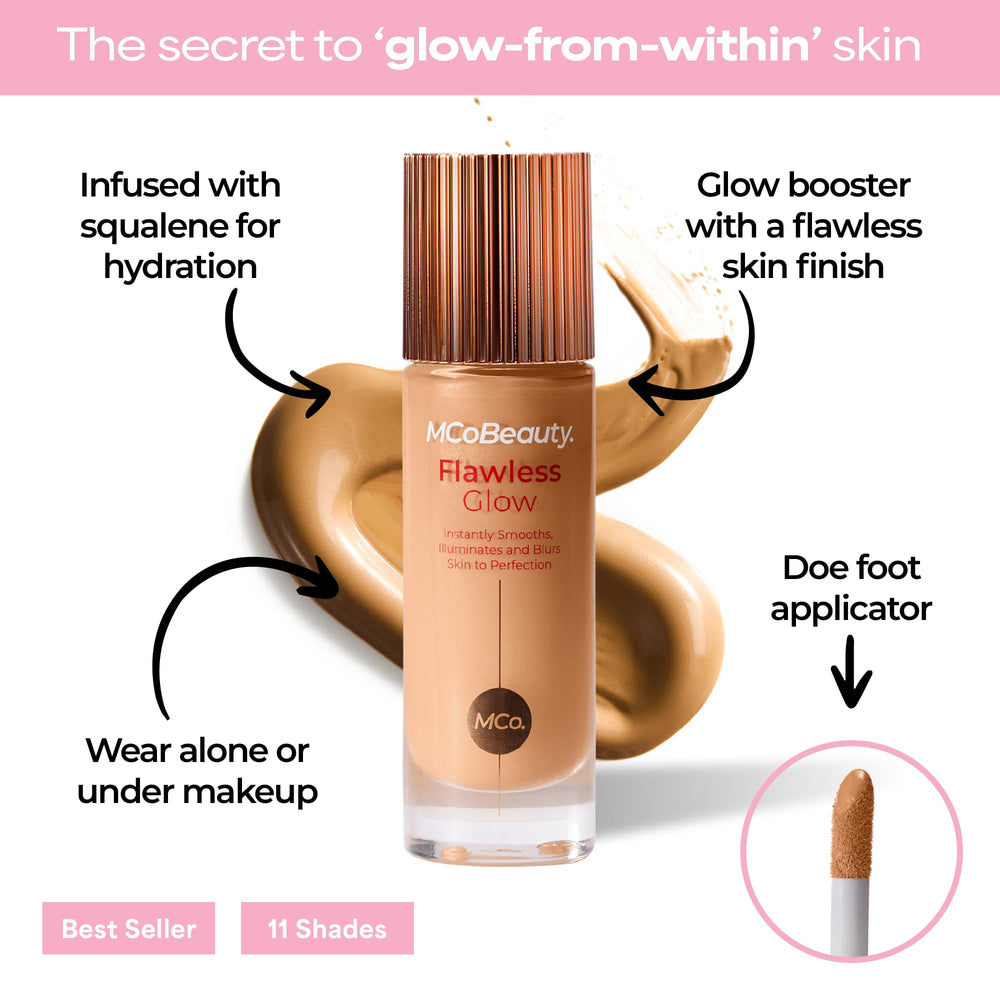 MCoBeauty Flawless Glow textura ligera para acabado suave.