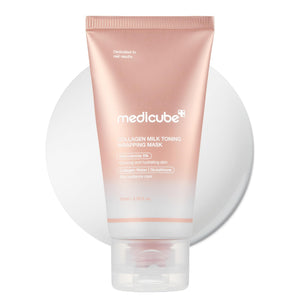 Medicube mascarilla envolvente, colageno glaseado, brillo lechoso para piel radiante.