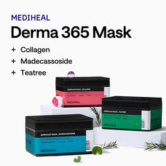 Hoja de mascarilla Mediheal Derma 365 con colágeno para hidratación suave.